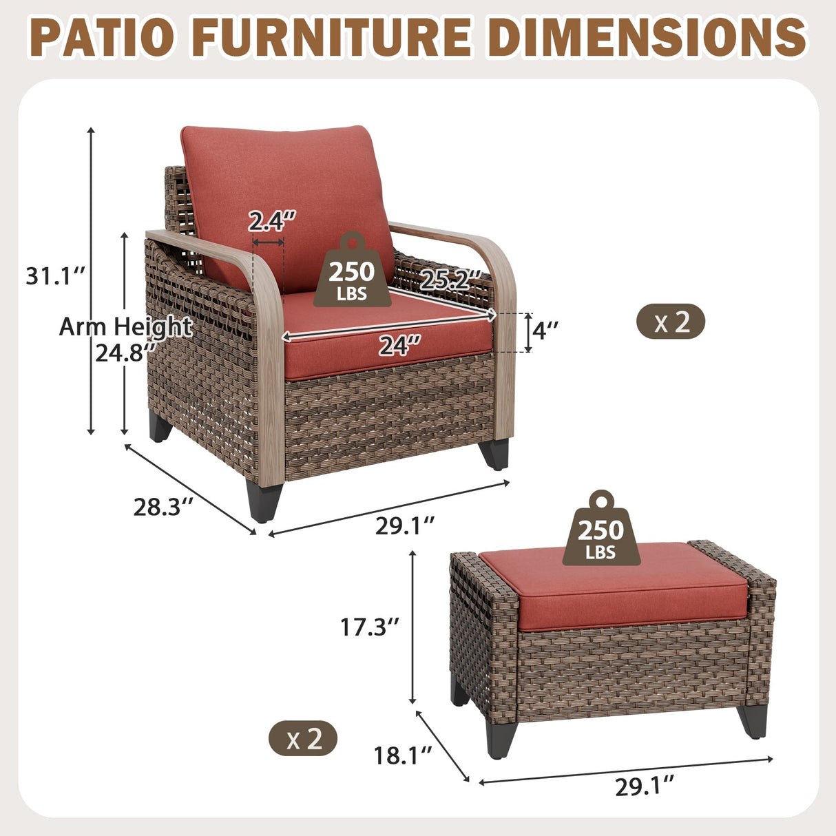 Modern Wicker Outdoor Chair,2 Chairs 2 Ottomans, 4 Pieces, Brown/Gray - Eagle Peak®