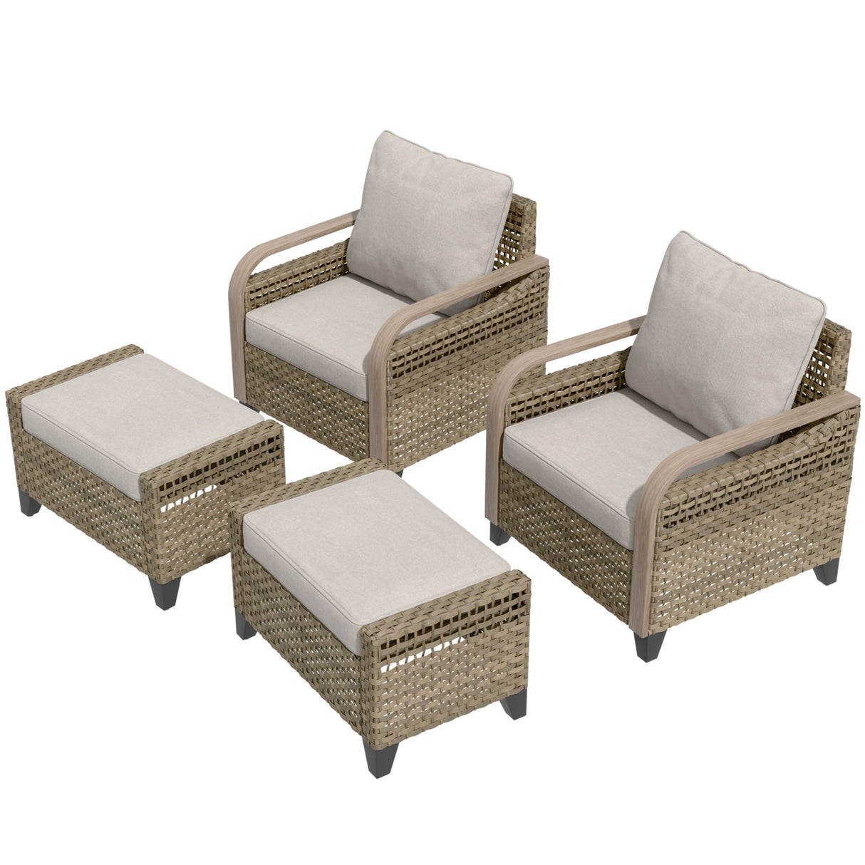 Modern Wicker Outdoor Chair,2 Chairs 2 Ottomans, 4 Pieces, Brown/Gray - Eagle Peak®