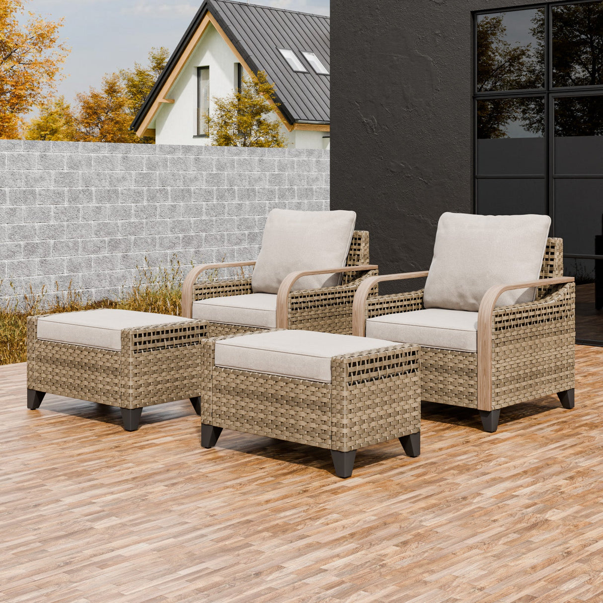 Modern Wicker Outdoor Chair,2 Chairs 2 Ottomans, 4 Pieces, Brown/Gray - Eagle Peak®