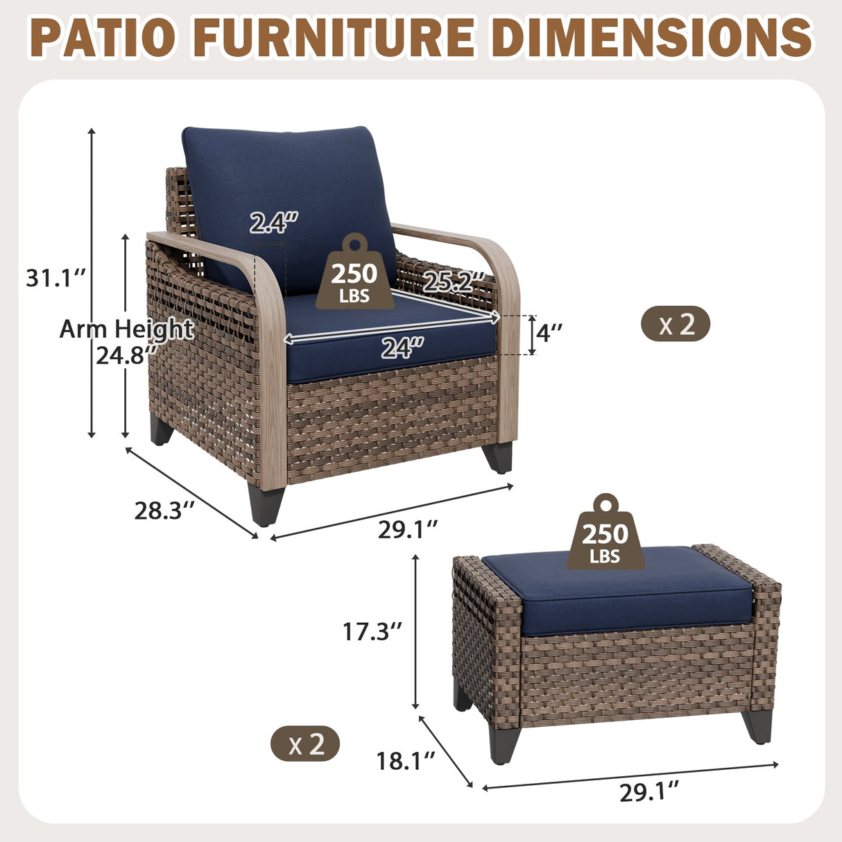 Modern Wicker Outdoor Chair,2 Chairs 2 Ottomans, 4 Pieces, Brown/Gray - Eagle Peak®