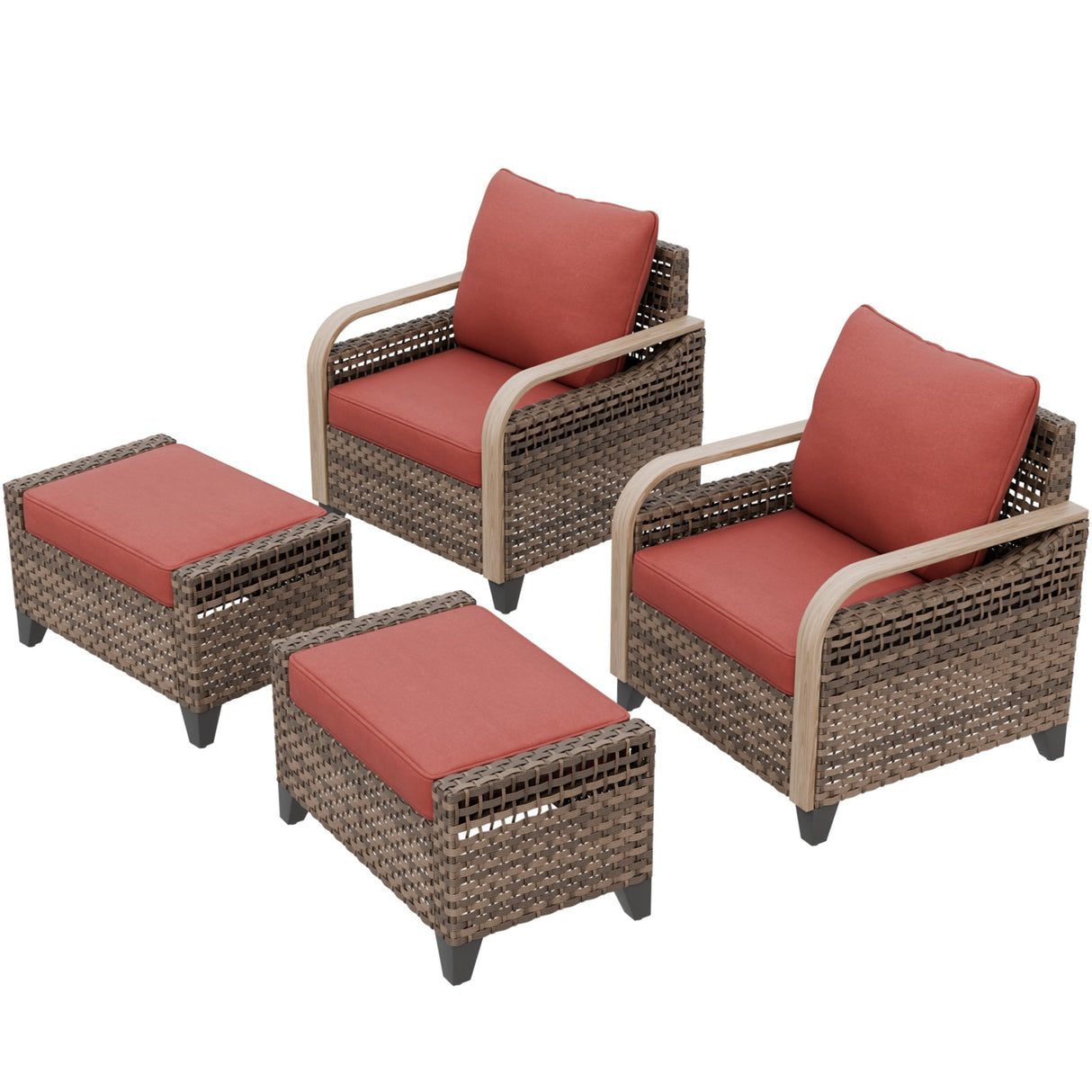 Modern Wicker Outdoor Chair,2 Chairs 2 Ottomans, 4 Pieces, Brown/Gray - Eagle Peak®