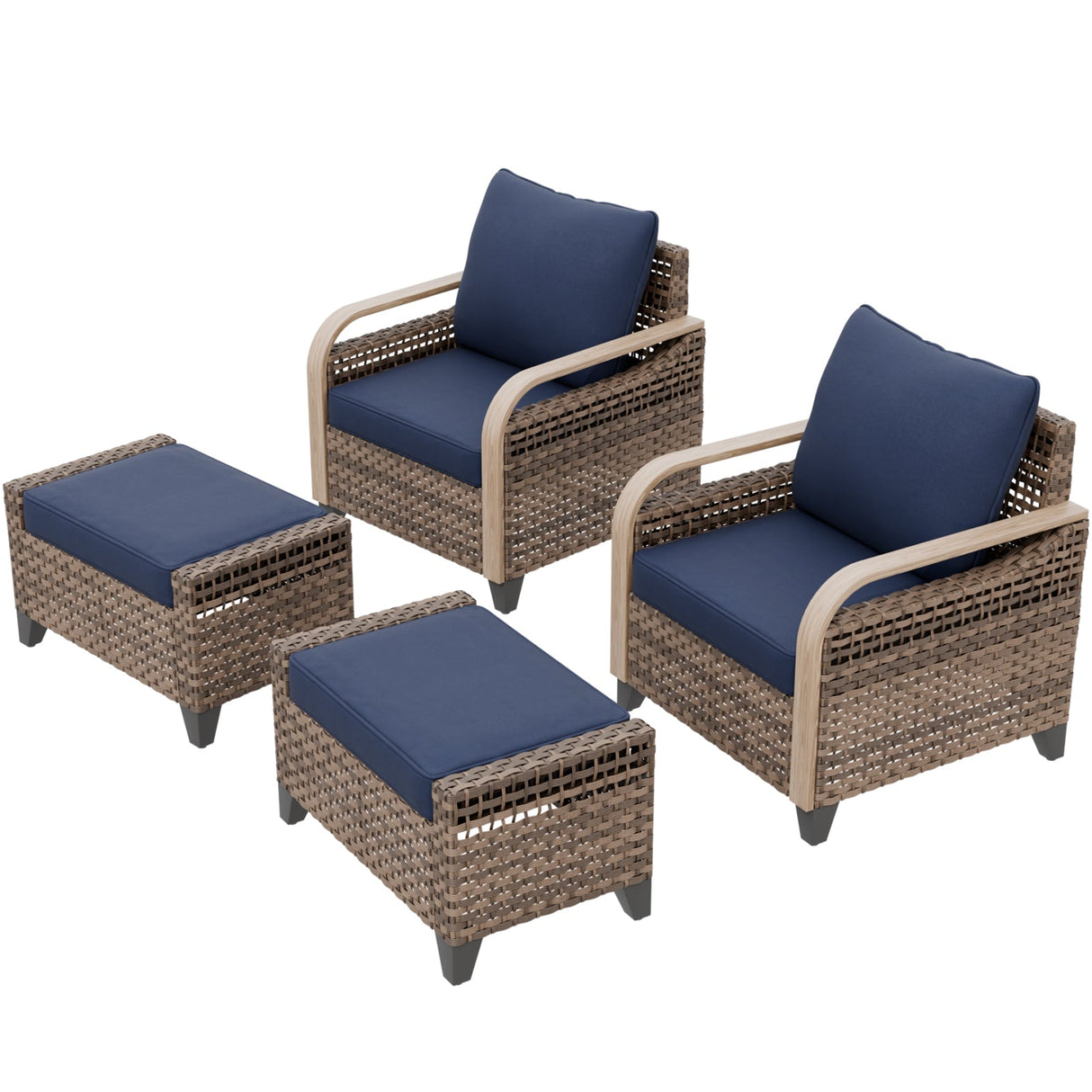 Modern Wicker Outdoor Chair,2 Chairs 2 Ottomans, 4 Pieces, Brown/Gray - Eagle Peak®