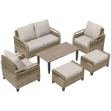 Modern Wicker Outdoor Furniture Set, 2 Patio Chairs, 2-Seat Loveseat, 2 Ottomans and Coffee Table, 6 Pieces, Brown/Gray - Eagle Peak®