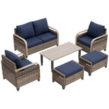 Modern Wicker Outdoor Furniture Set, 2 Patio Chairs, 2-Seat Loveseat, 2 Ottomans and Coffee Table, 6 Pieces, Brown/Gray - Eagle Peak®