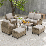 Modern Wicker Outdoor Furniture Set, 2 Patio Chairs, 2-Seat Loveseat, 2 Ottomans and Coffee Table, 6 Pieces, Brown/Gray - Eagle Peak®