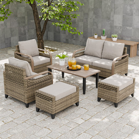 Modern Wicker Outdoor Furniture Set, 2 Patio Chairs, 2-Seat Loveseat, 2 Ottomans and Coffee Table, 6 Pieces, Brown/Gray - Eagle Peak®