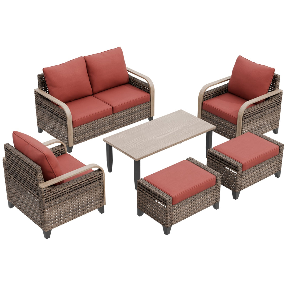 Modern Wicker Outdoor Furniture Set, 2 Patio Chairs, 2-Seat Loveseat, 2 Ottomans and Coffee Table, 6 Pieces, Brown/Gray - Eagle Peak®