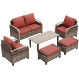 Modern Wicker Outdoor Furniture Set, 2 Patio Chairs, 2-Seat Loveseat, 2 Ottomans and Coffee Table, 6 Pieces, Brown/Gray - Eagle Peak®
