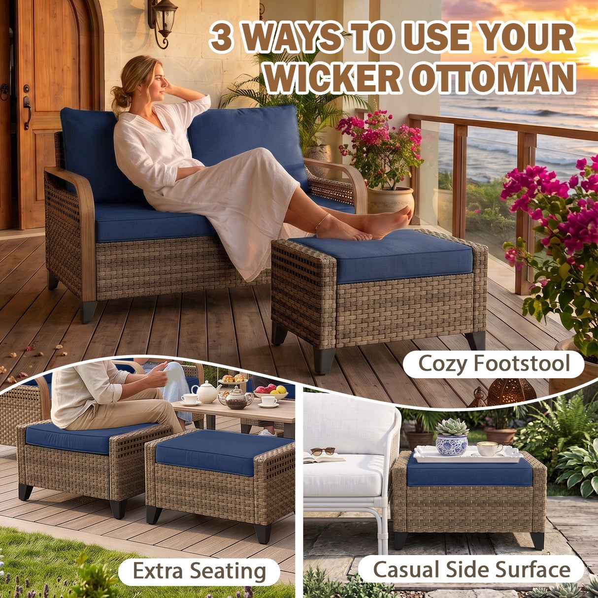 Modern Wicker Outdoor Furniture Set, 2 Patio Chairs, 2-Seat Loveseat, 2 Ottomans and Coffee Table, 6 Pieces, Brown/Gray - Eagle Peak®