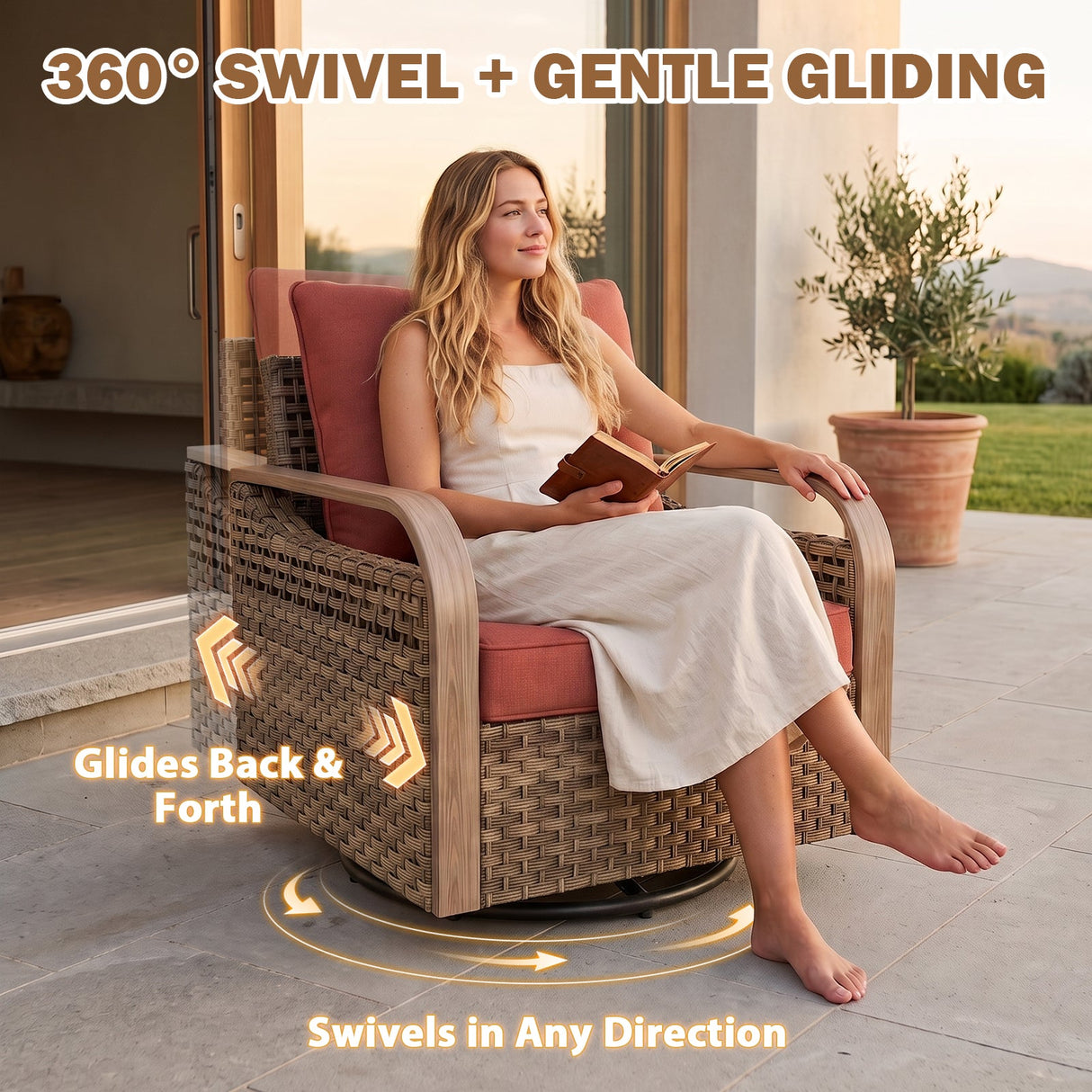 Modern Wicker Outdoor Glider Rocking Chair,2 Chairs 2 Ottomans, 4 Piece, Brown/Gray - Eagle Peak®
