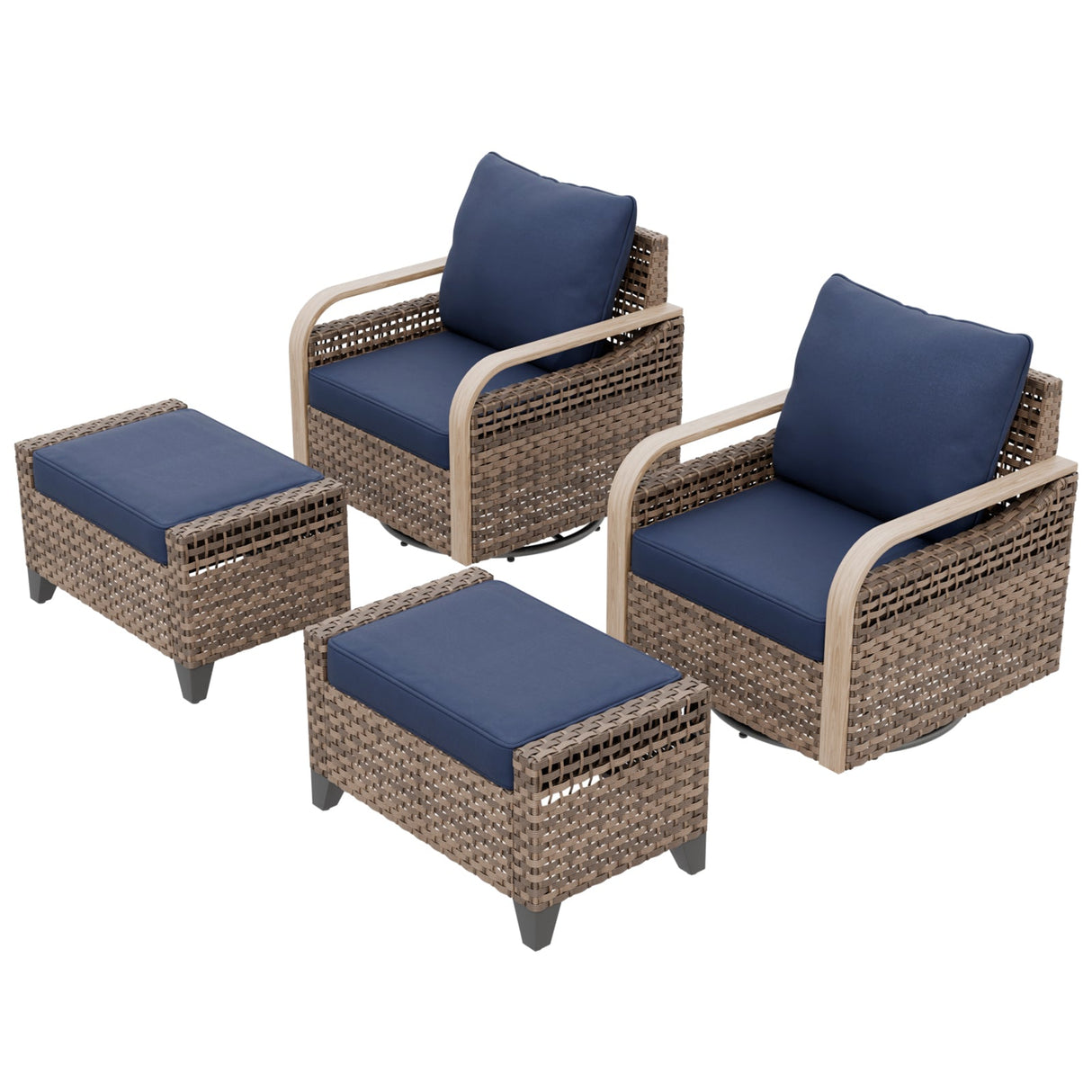 Modern Wicker Outdoor Glider Rocking Chair,2 Chairs 2 Ottomans, 4 Piece, Brown/Gray - Eagle Peak®