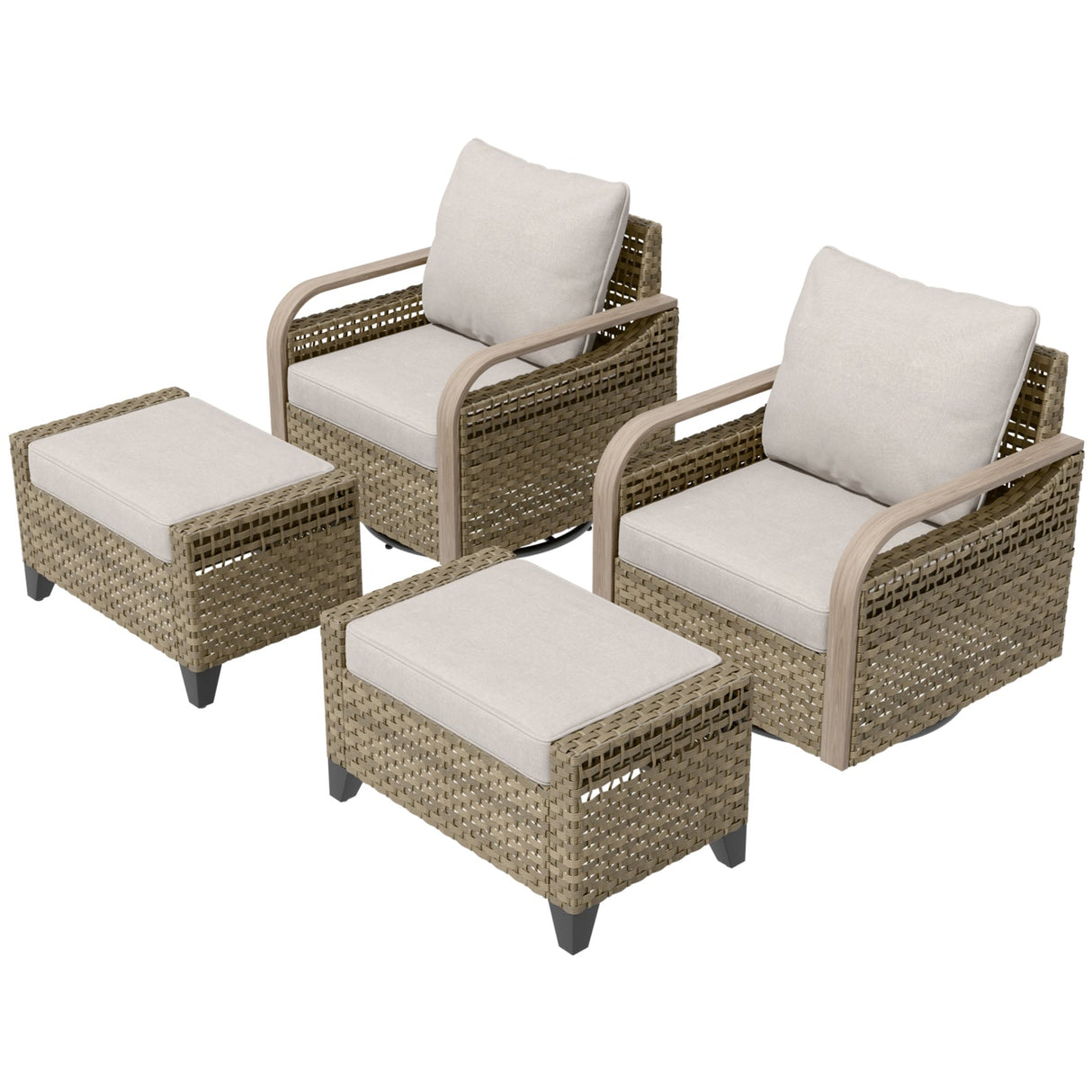 Modern Wicker Outdoor Glider Rocking Chair,2 Chairs 2 Ottomans, 4 Piece, Brown/Gray - Eagle Peak®