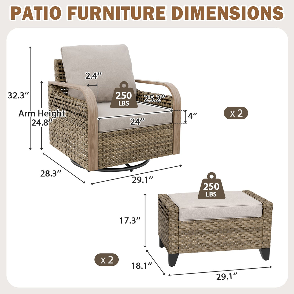 Modern Wicker Outdoor Glider Rocking Chair,2 Chairs 2 Ottomans, 4 Piece, Brown/Gray - Eagle Peak®
