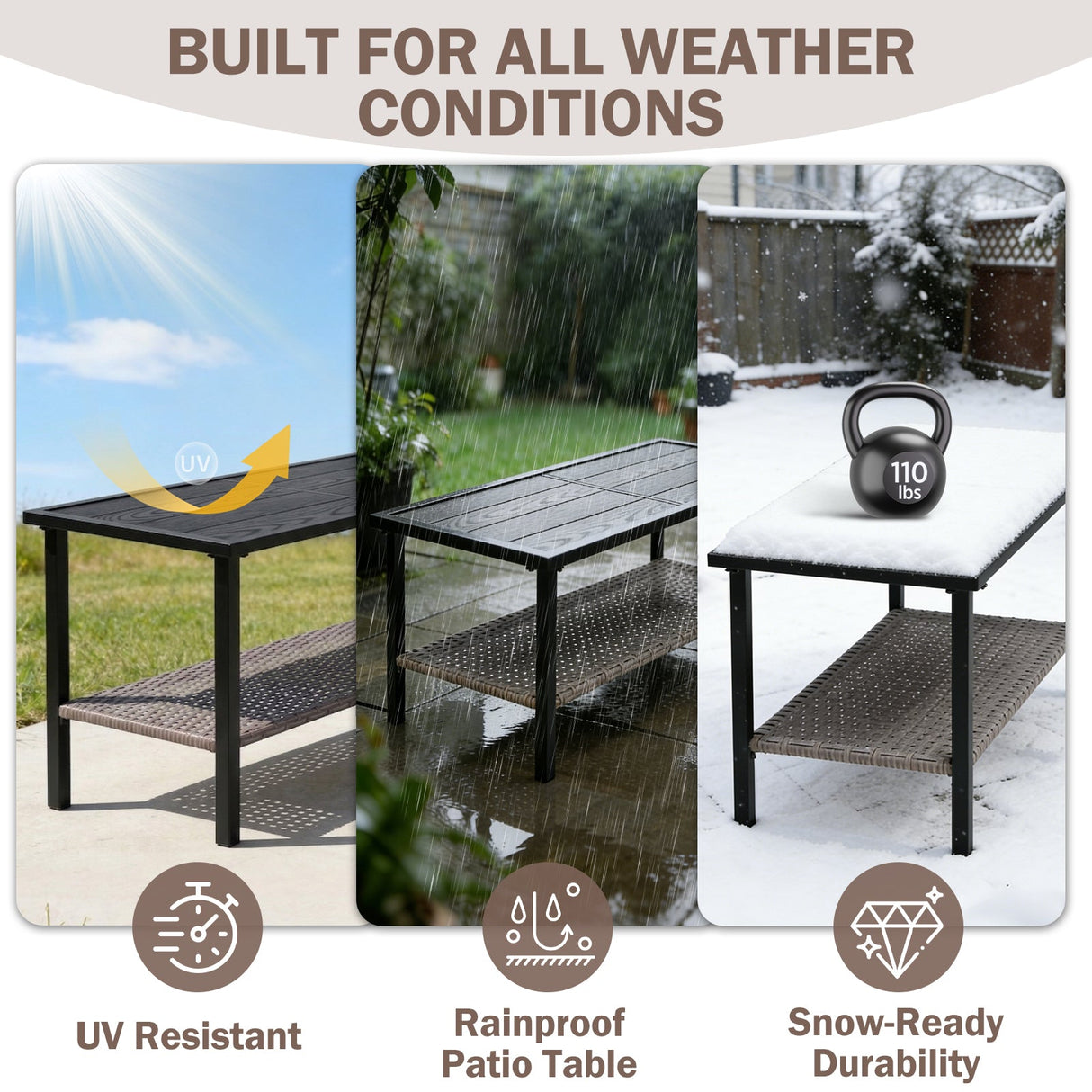 Mojave Dusk Patio Side Table/Coffee Table with Wood Grain Top and Wicker Shelf - Eagle Peak Custom Canopy Tent