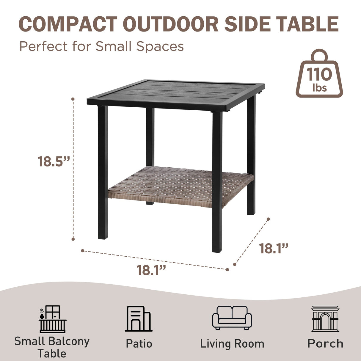 Mojave Dusk Patio Side Table/Coffee Table with Wood Grain Top and Wicker Shelf - Eagle Peak Custom Canopy Tent