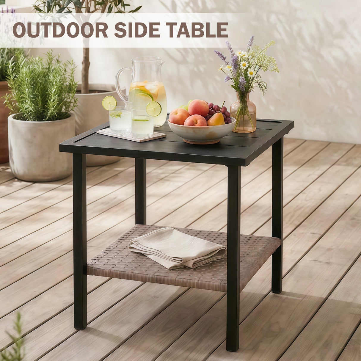 Mojave Dusk Patio Side Table/Coffee Table with Wood Grain Top and Wicker Shelf - Eagle Peak Custom Canopy Tent