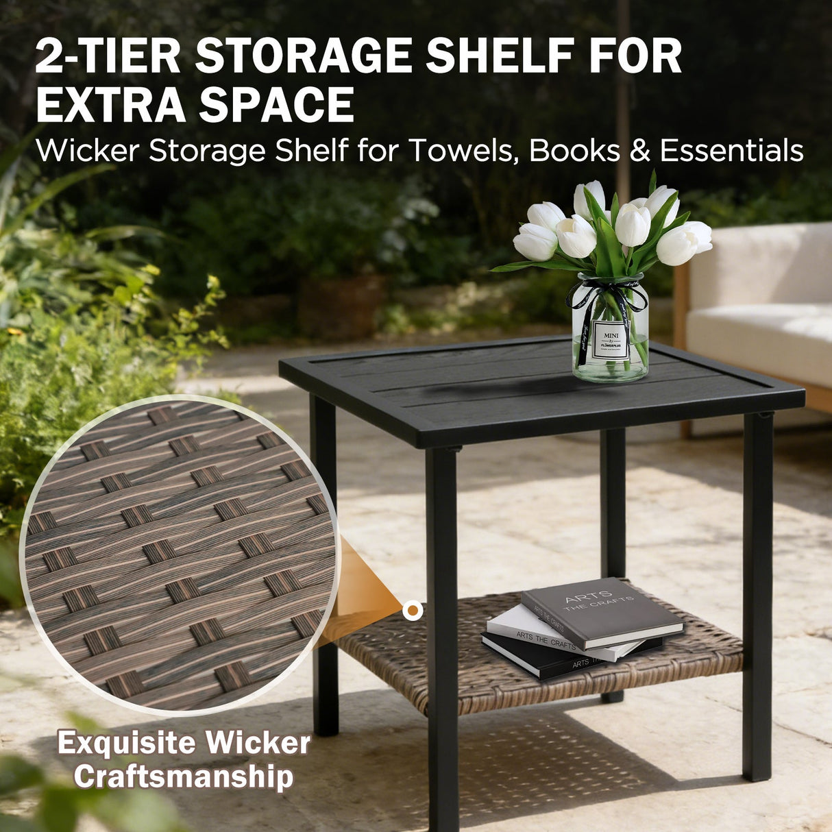 Mojave Dusk Patio Side Table/Coffee Table with Wood Grain Top and Wicker Shelf - Eagle Peak Custom Canopy Tent
