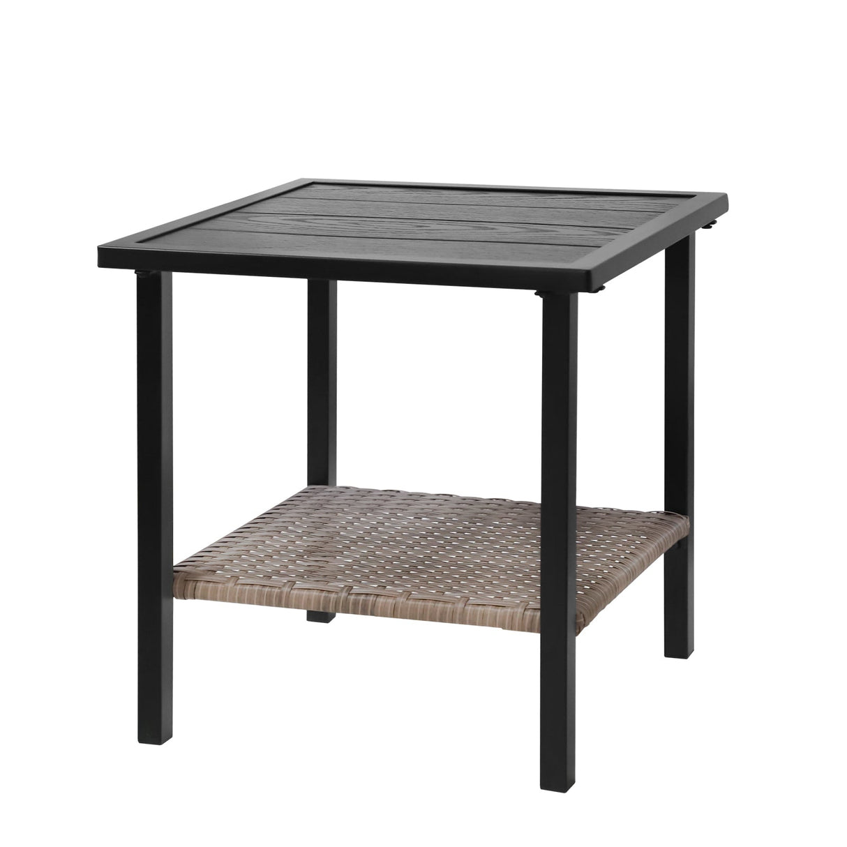 Mojave Dusk Patio Side Table/Coffee Table with Wood Grain Top and Wicker Shelf - Eagle Peak Custom Canopy Tent