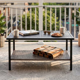 Mojave Dusk Patio Side Table/Coffee Table with Wood Grain Top and Wicker Shelf - Eagle Peak Custom Canopy Tent