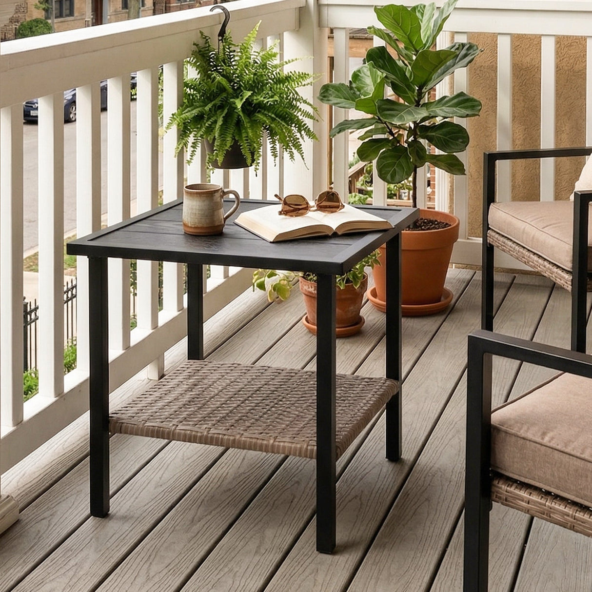 Mojave Dusk Patio Side Table/Coffee Table with Wood Grain Top and Wicker Shelf - Eagle Peak Custom Canopy Tent