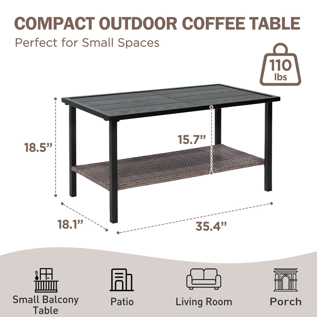 Mojave Dusk Patio Side Table/Coffee Table with Wood Grain Top and Wicker Shelf - Eagle Peak Custom Canopy Tent