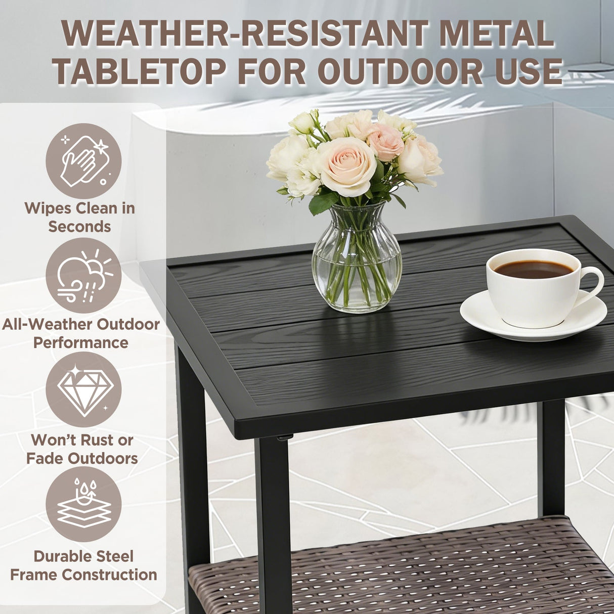 Mojave Dusk Patio Side Table/Coffee Table with Wood Grain Top and Wicker Shelf - Eagle Peak Custom Canopy Tent
