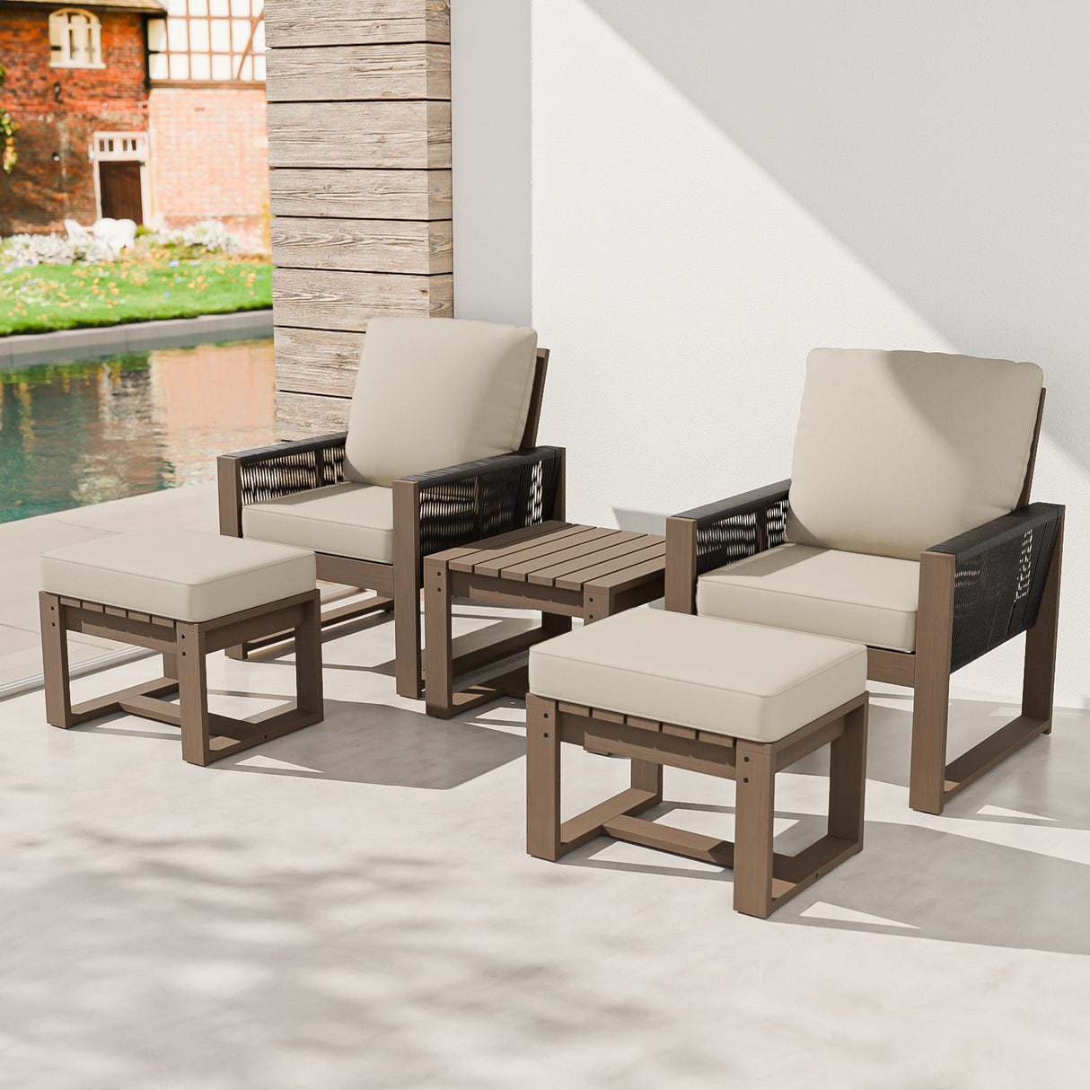 Natural Cedar Furniture Set, Chairs with Ottomans and Table, 5 Pieces - Eagle Peak Custom Canopy Tent