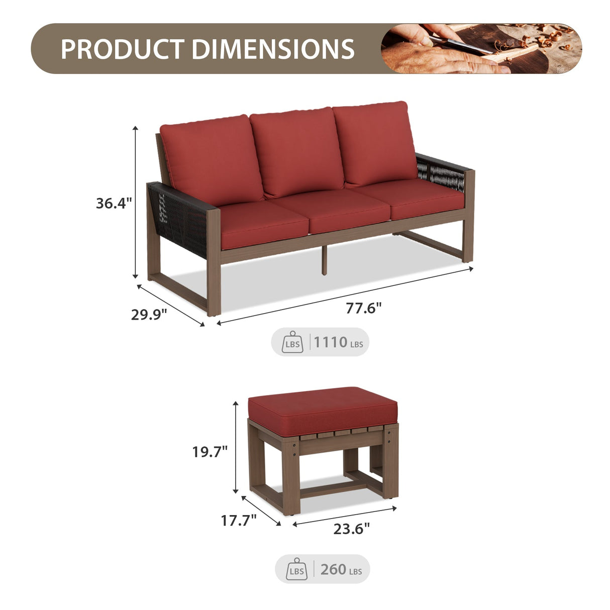 Natural Wood Furniture Set, Sofa and Ottomans, 3 Pieces - Eagle Peak Custom Canopy Tent