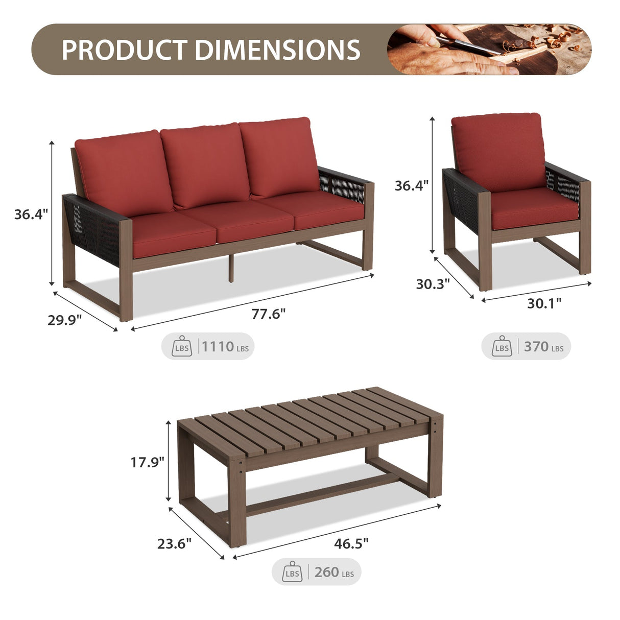 Natural Wood Outdoor Patio Furniture Set, Sofa 2 Chairs and Coffee Table, 4 Pieces - Eagle Peak Custom Canopy Tent