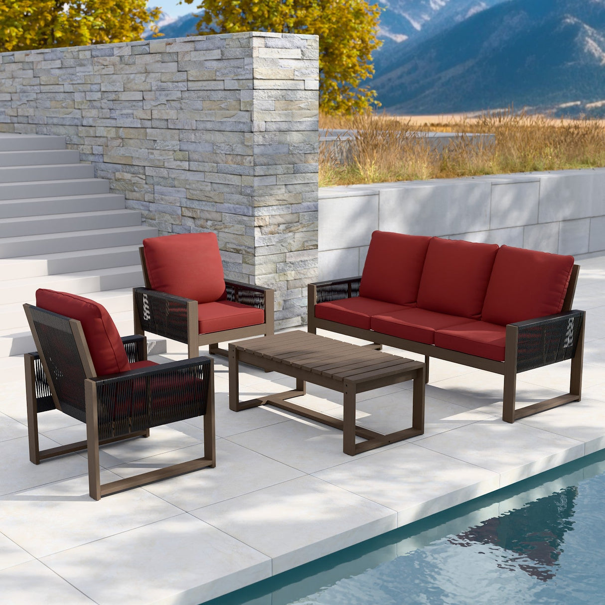 Natural Wood Outdoor Patio Furniture Set, Sofa 2 Chairs and Coffee Table, 4 Pieces - Eagle Peak Custom Canopy Tent