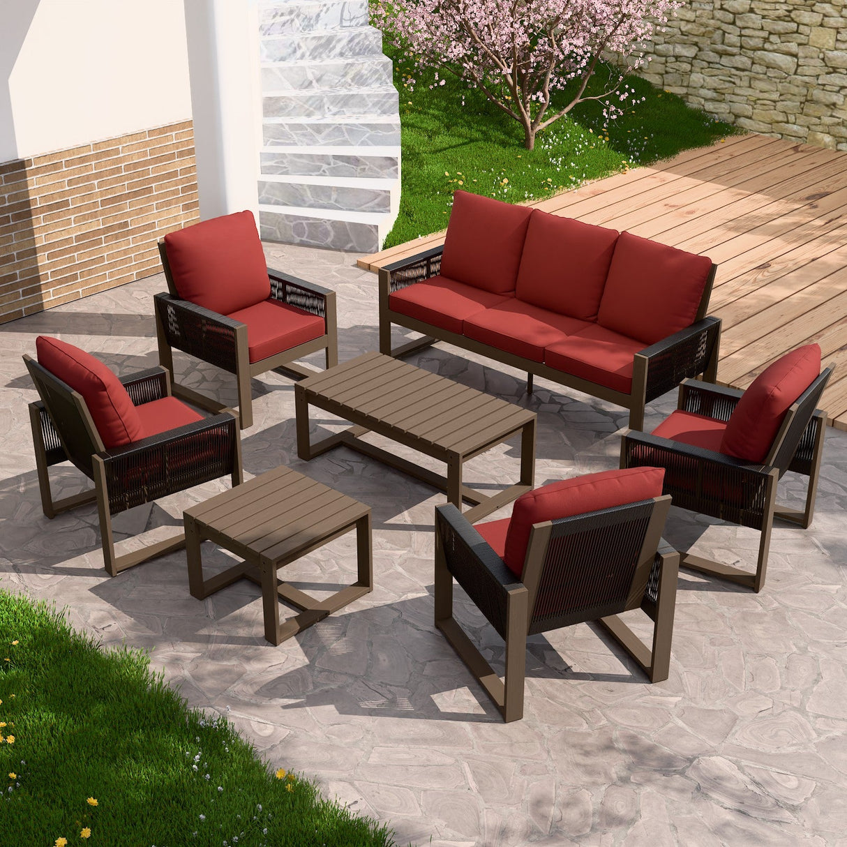 Natural Wood Outdoor Patio Furniture, Sofa 4 Patio Chairs 2 Ottomans and Coffee Table, 8 pcs - Eagle Peak Custom Canopy Tent