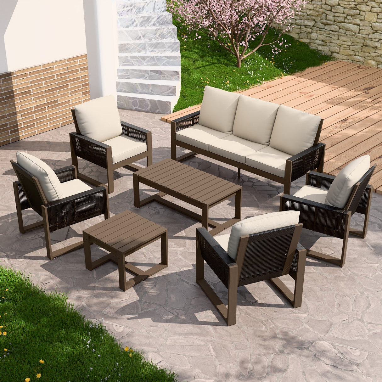 Natural Wood Outdoor Patio Furniture, Sofa 4 Patio Chairs 2 Ottomans and Coffee Table, 8 pcs - Eagle Peak Custom Canopy Tent