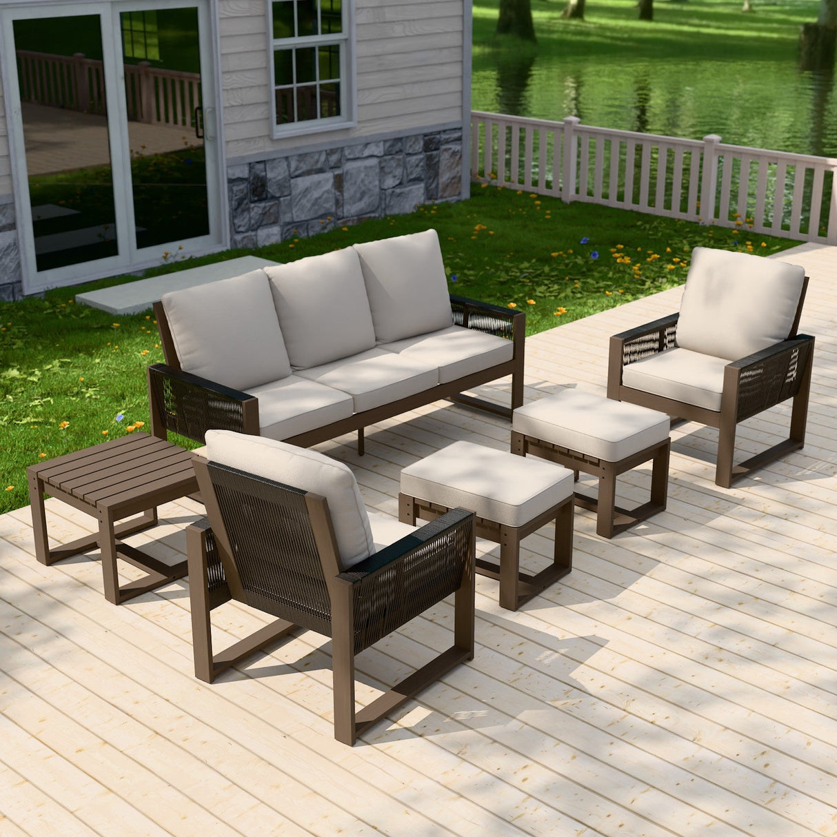 Natural Wood Outdoor Patio Furniture,Sofa 2 Patio Chairs 2 Ottomans and Side Table, 6 pcs - Eagle Peak Custom Canopy Tent