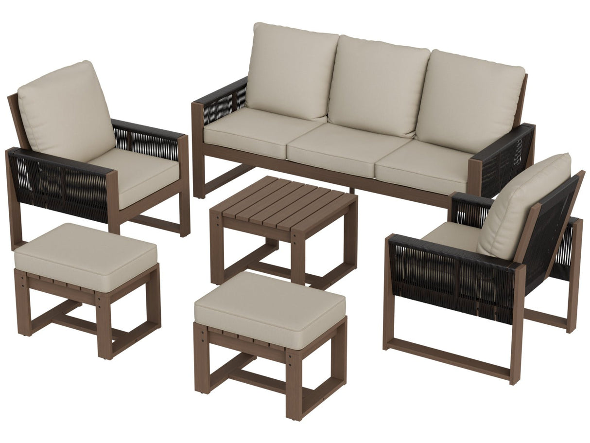 Natural Wood Outdoor Patio Furniture,Sofa 2 Patio Chairs 2 Ottomans and Side Table, 6 pcs - Eagle Peak Custom Canopy Tent