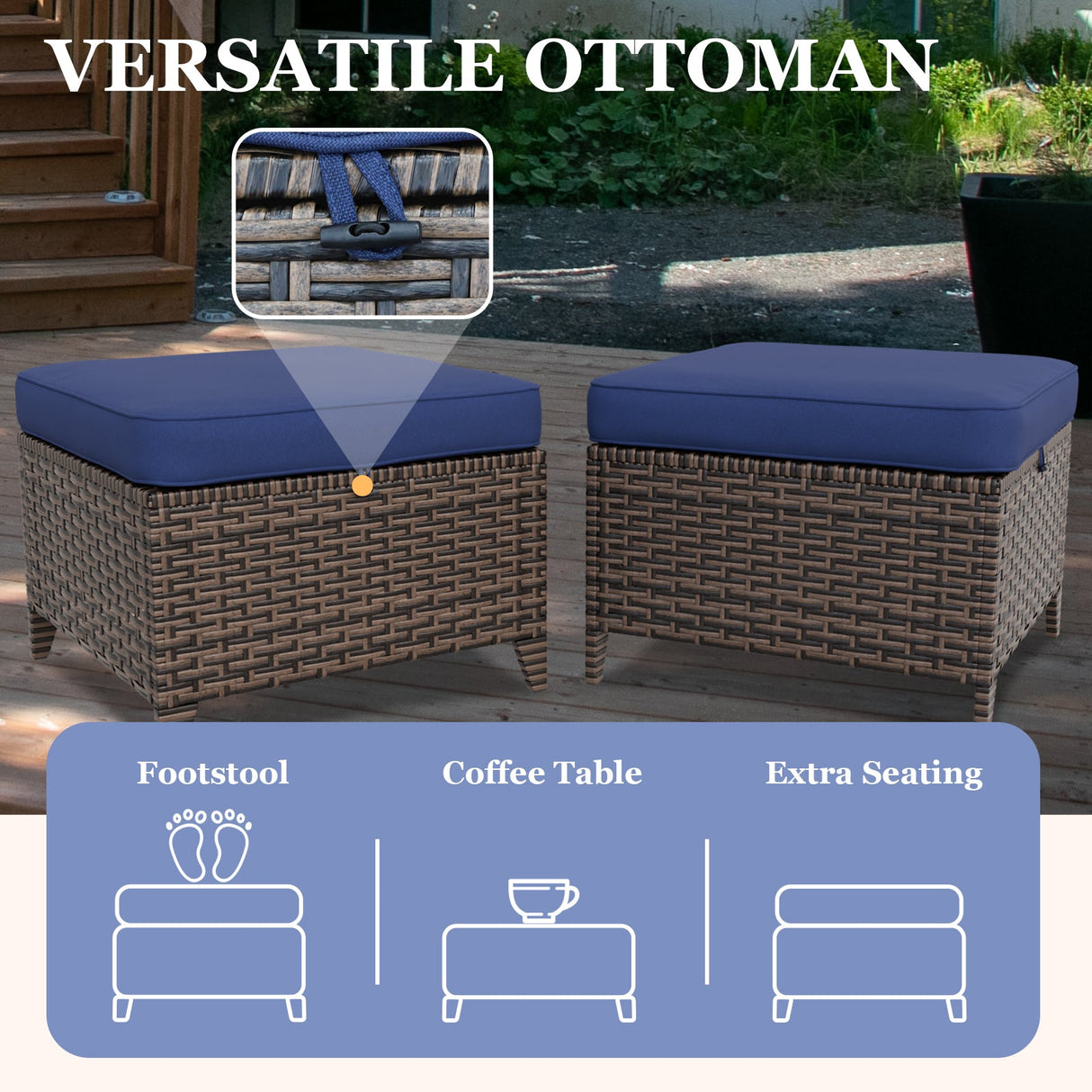 Ocean Vista 2 Piece Wicker Patio Ottoman Set Weather - Resistant Cushions, Beige/Blue - Eagle Peak Custom Canopy Tent