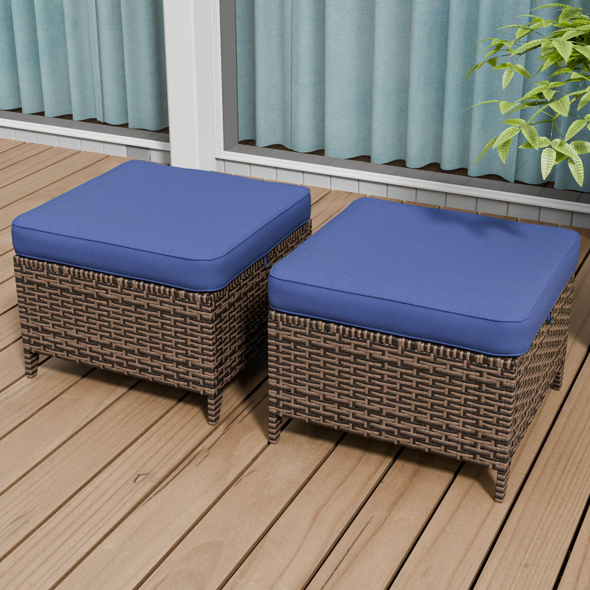 Ocean Vista 2 Piece Wicker Patio Ottoman Set Weather - Resistant Cushions, Beige/Blue - Eagle Peak Custom Canopy Tent