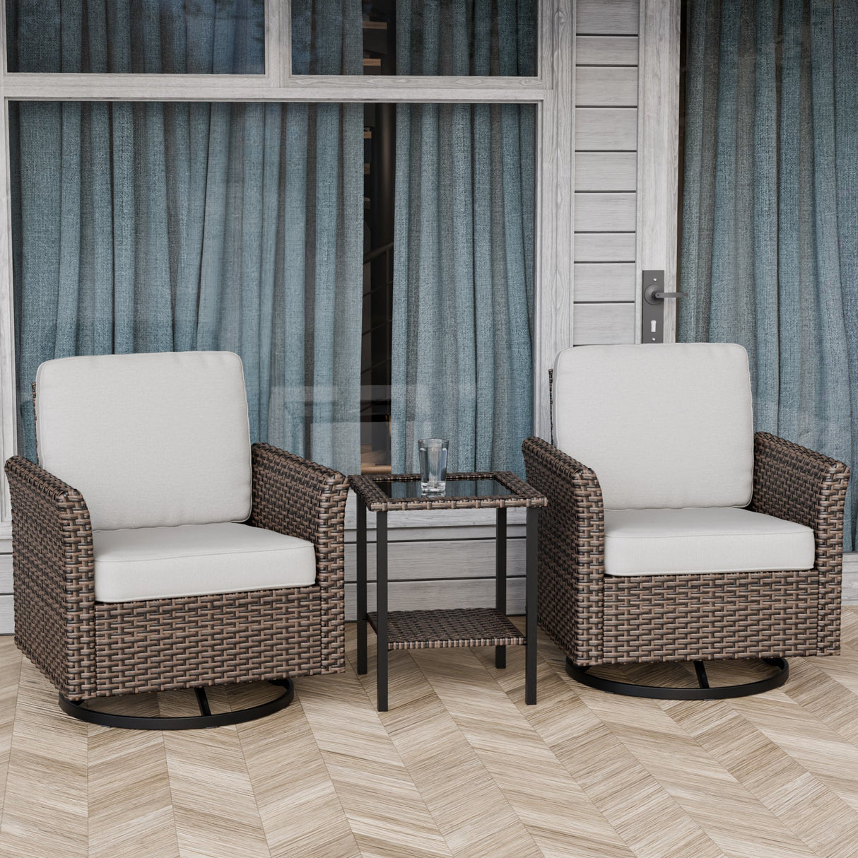 Ocean Vista 3 Piece Outdoor Wicker Bistro Set, Swivel Rocking Chairs with Side Table - Eagle Peak