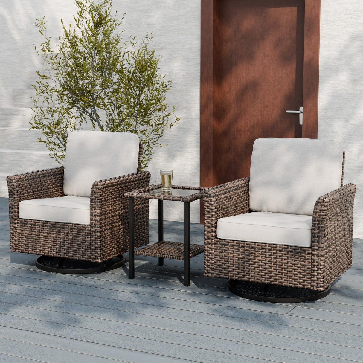 Ocean Vista 3 Piece Outdoor Wicker Bistro Set, Swivel Rocking Chairs with Side Table - Eagle Peak