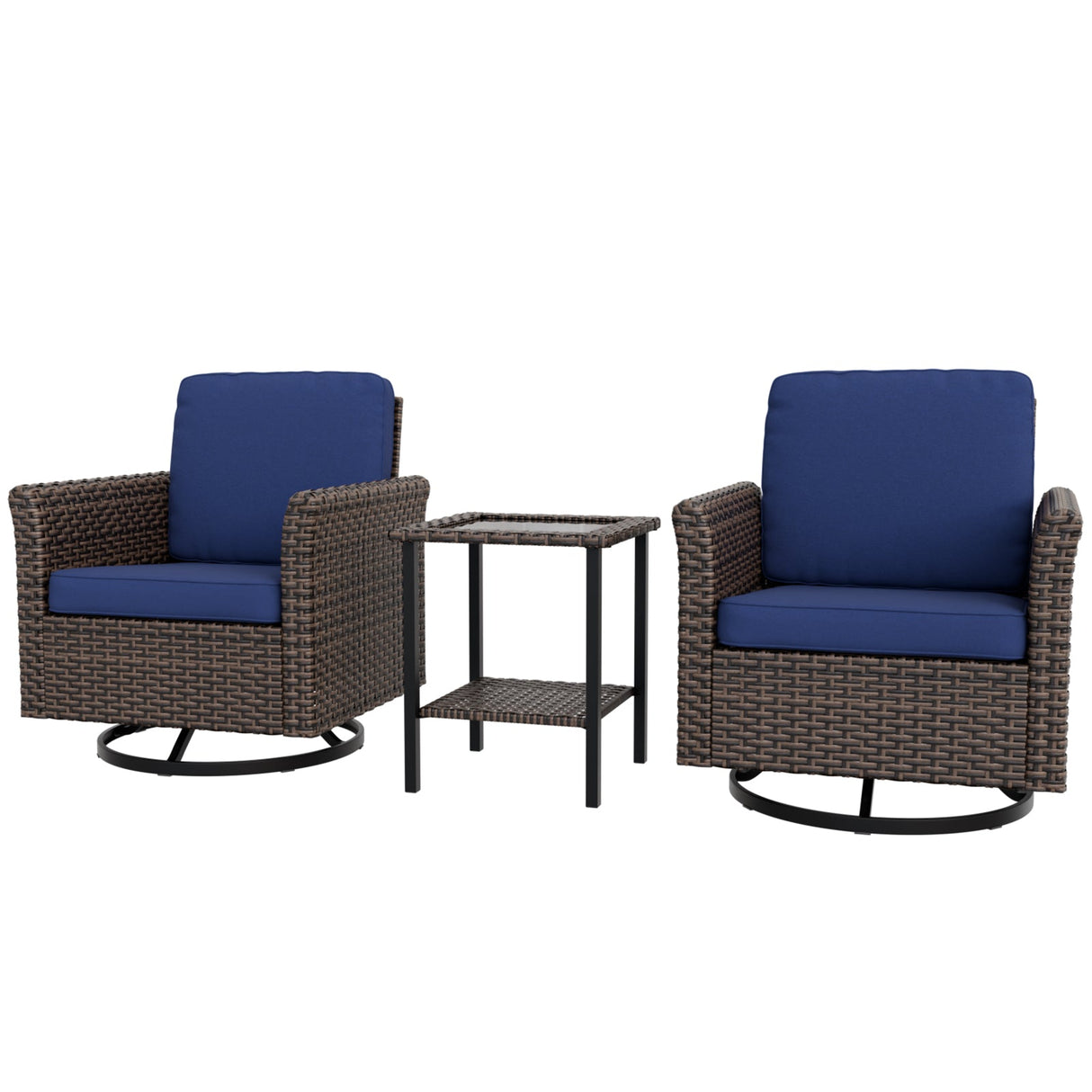 Ocean Vista 3 Piece Outdoor Wicker Bistro Set, Swivel Rocking Chairs with Side Table, Beige/Blue - Eagle Peak Custom Canopy Tent