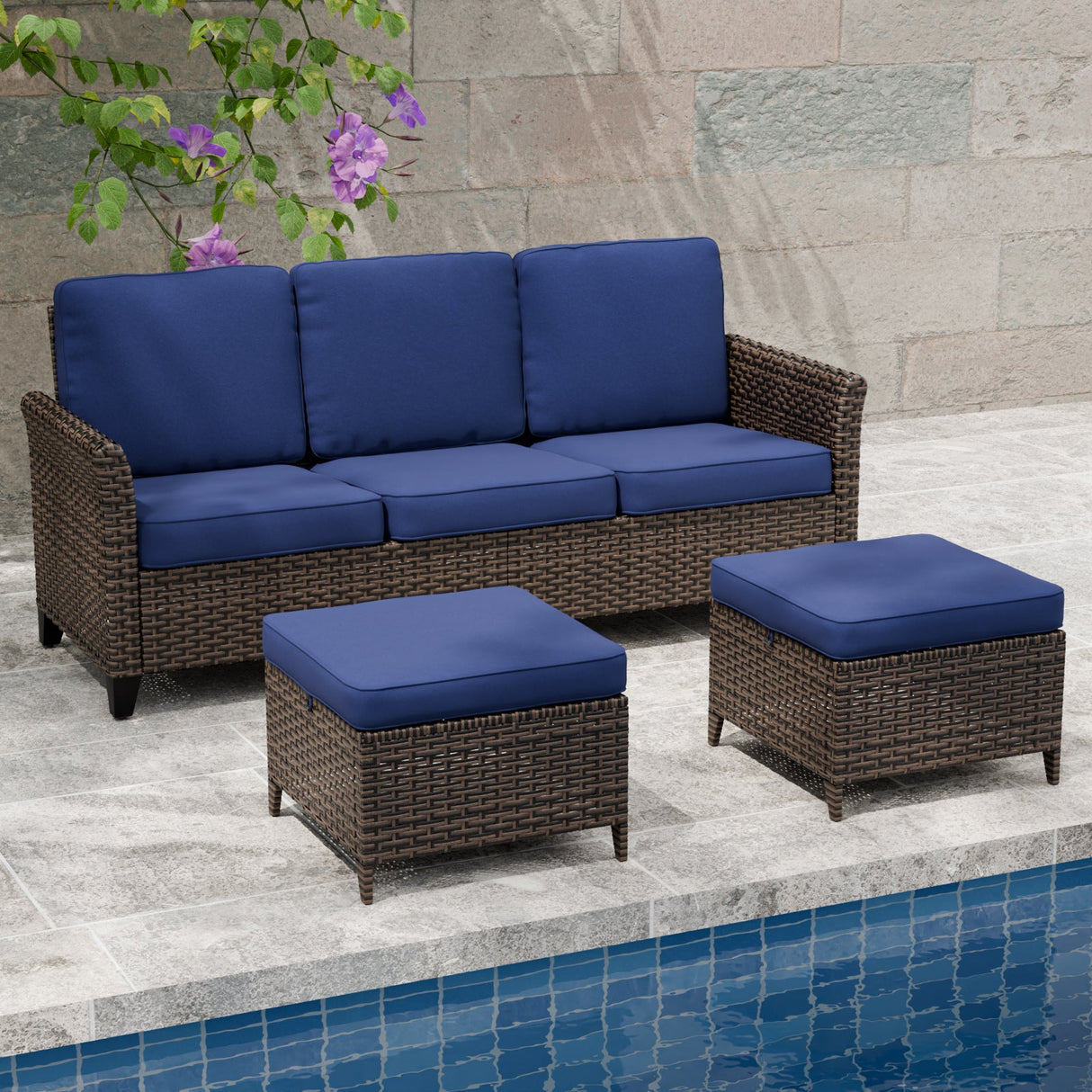 Ocean Vista Outdoor Wicker Couch Sofa with 2 Ottomans, Set of 3 - Eagle Peak