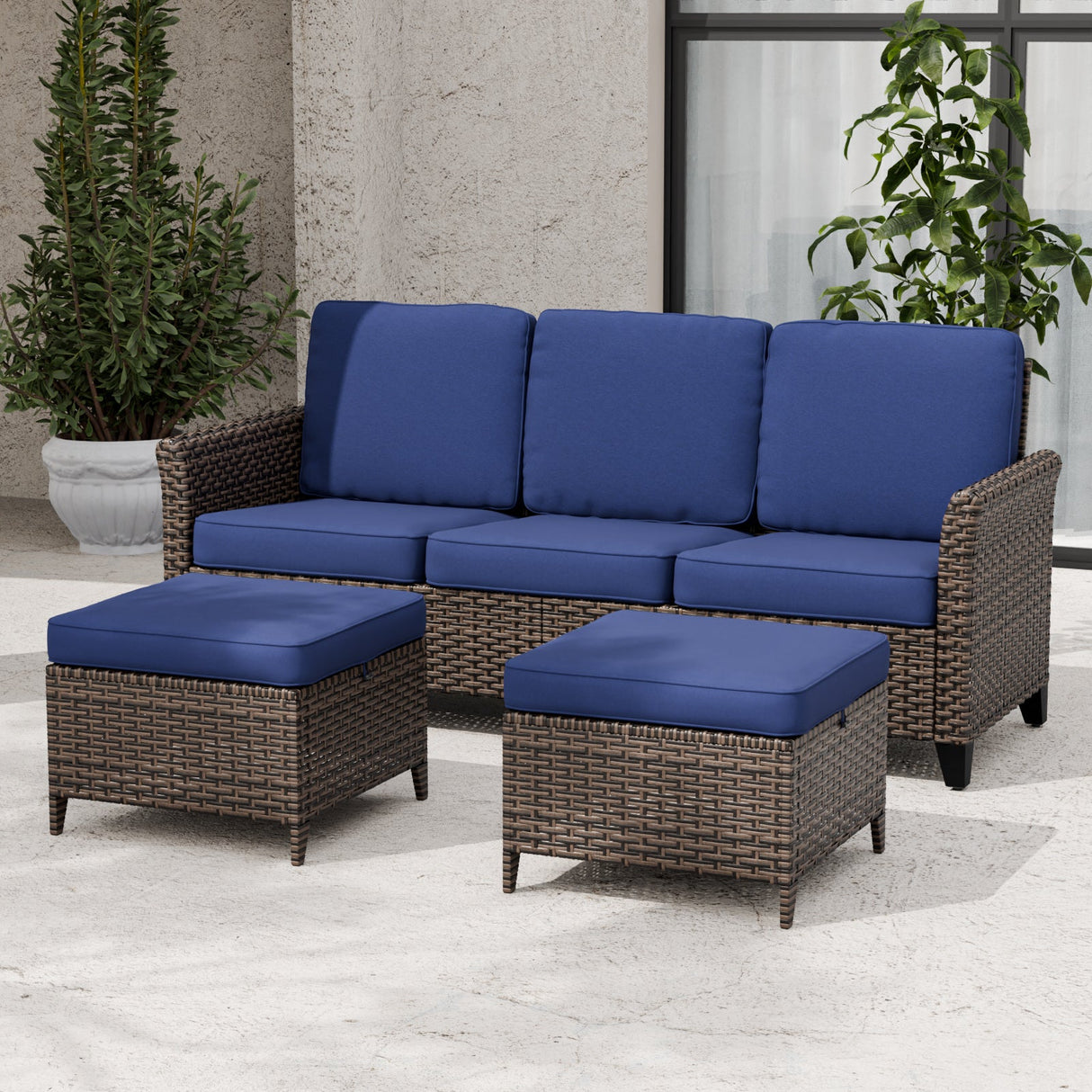 Ocean Vista Outdoor Wicker Couch Sofa with 2 Ottomans, Set of 3 - Eagle Peak