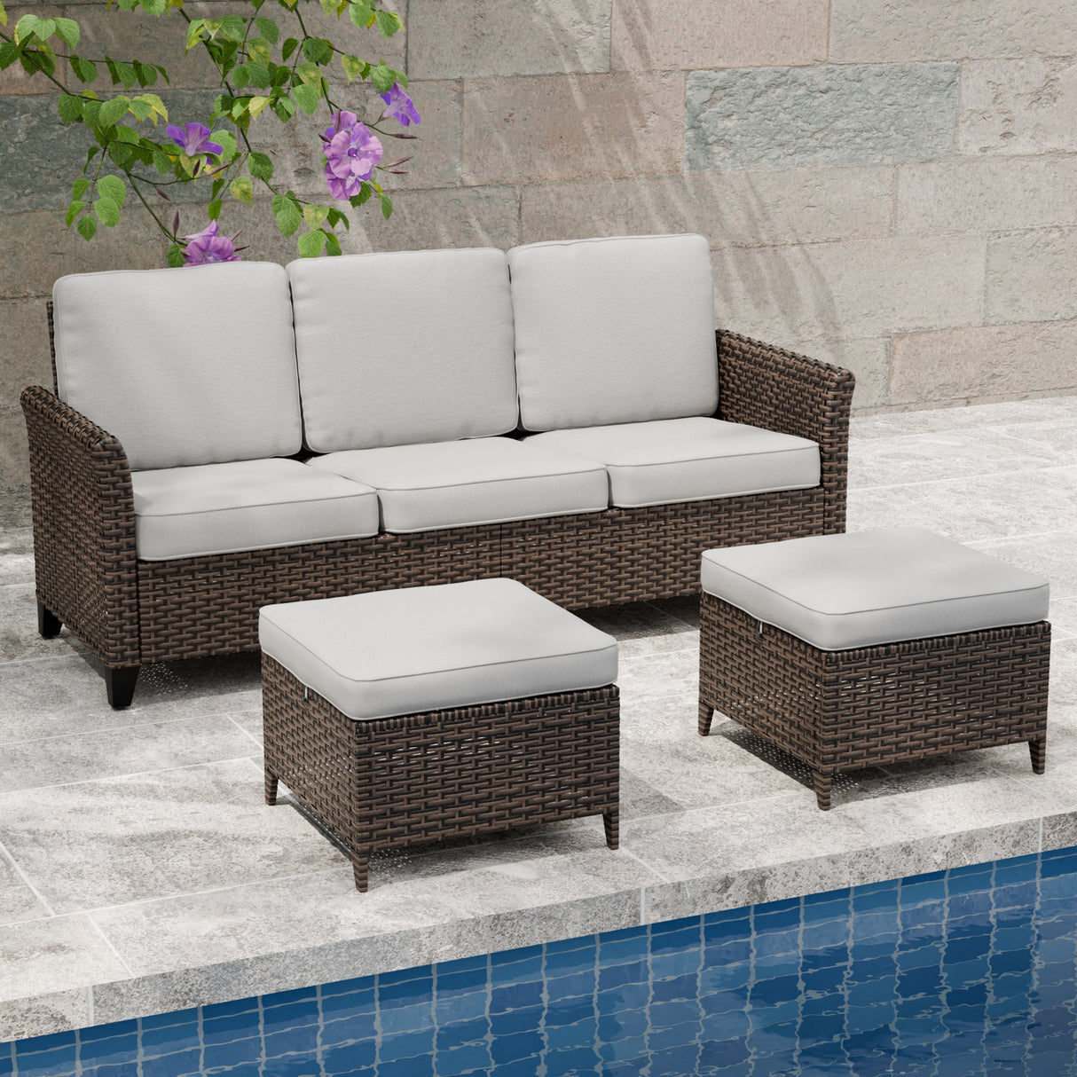 Ocean Vista Outdoor Wicker Couch Sofa with 2 Ottomans, Set of 3 - Eagle Peak