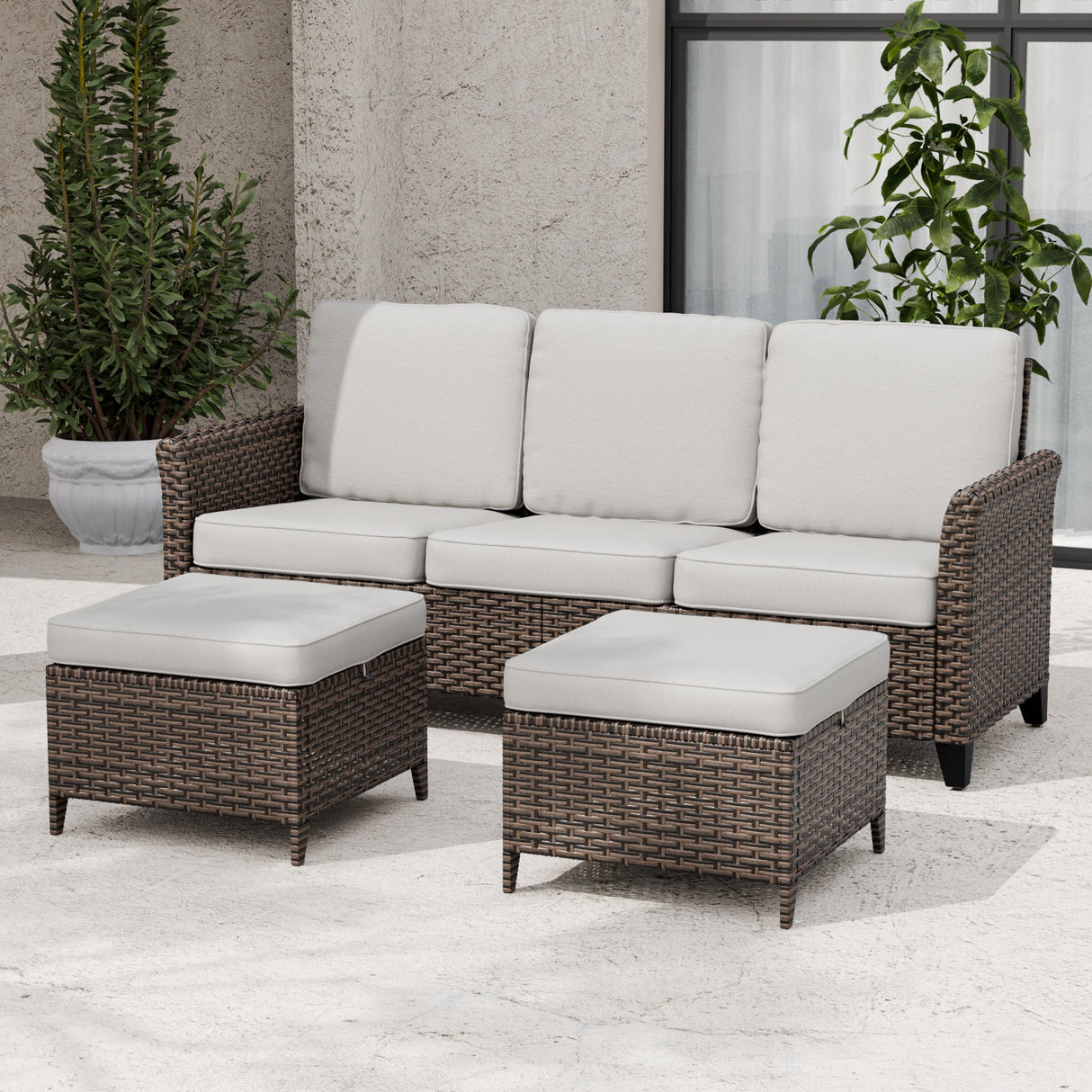Ocean Vista Outdoor Wicker Couch Sofa with 2 Ottomans, Set of 3 - Eagle Peak