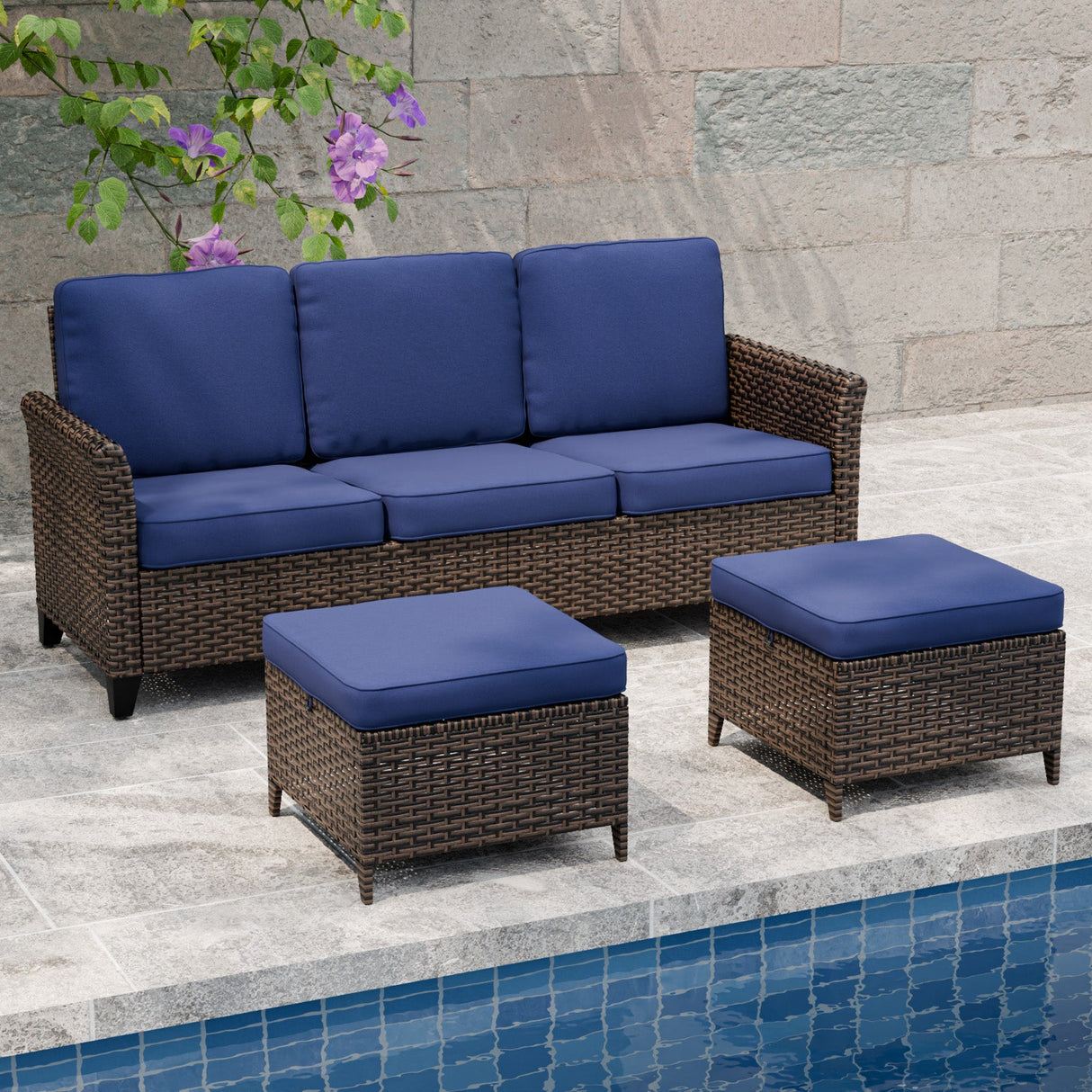 Ocean Vista Outdoor Wicker Couch Sofa with 2 Ottomans, Set of 3, Beige/Blue - Eagle Peak Custom Canopy Tent