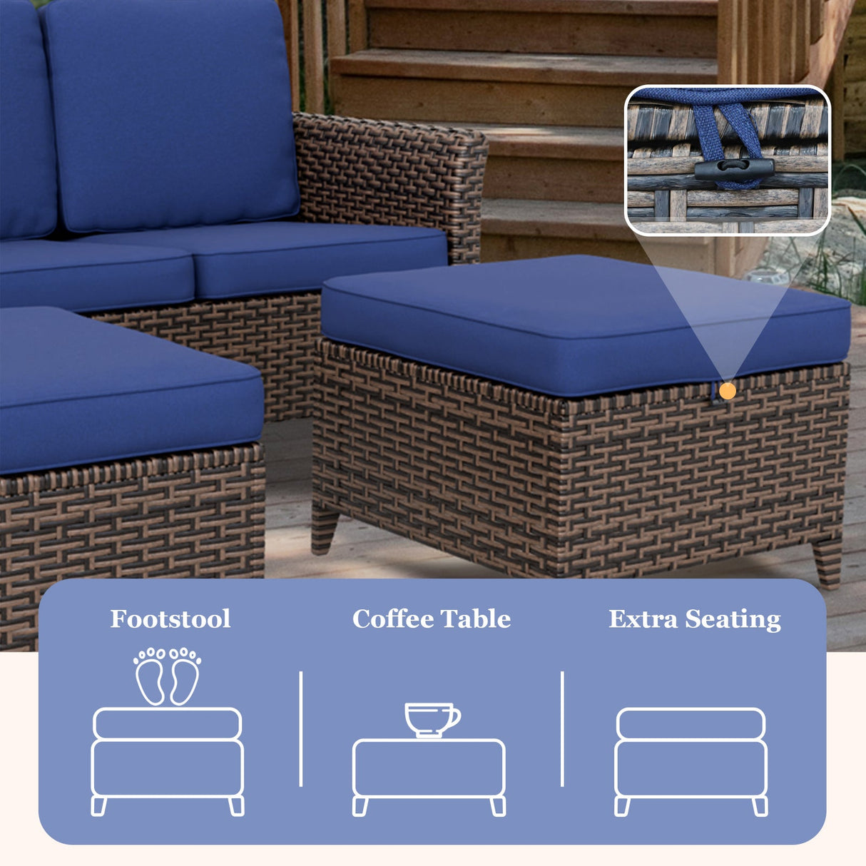 Ocean Vista Outdoor Wicker Couch Sofa with 2 Ottomans, Set of 3, Beige/Blue - Eagle Peak Custom Canopy Tent