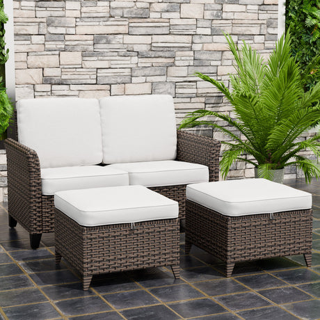 Ocean Vista Outdoor Wicker Loveseat Sofa with 2 Ottomans, Set of 3, Brown/Beige - Eagle Peak Custom Canopy Tent