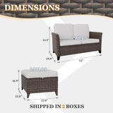 Ocean Vista Outdoor Wicker Loveseat Sofa with 2 Ottomans, Set of 3, Brown/Beige - Eagle Peak Custom Canopy Tent