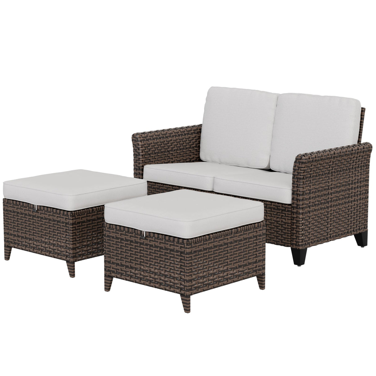 Ocean Vista Outdoor Wicker Loveseat Sofa with 2 Ottomans, Set of 3, Brown/Beige - Eagle Peak Custom Canopy Tent