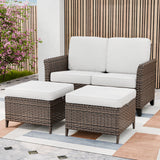 Ocean Vista Outdoor Wicker Loveseat Sofa with 2 Ottomans, Set of 3, Brown/Beige - Eagle Peak Custom Canopy Tent