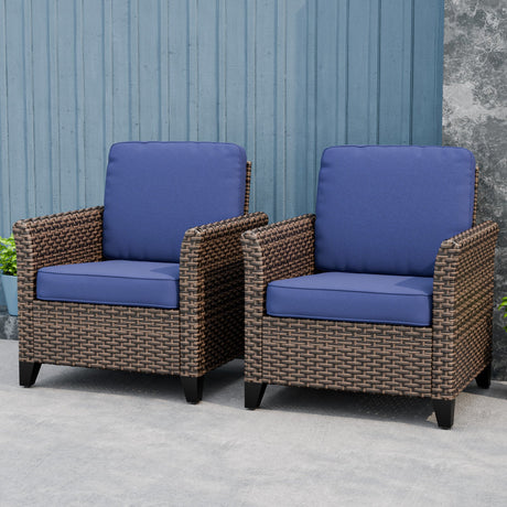 Ocean Vista Outdoor Wicker Patio Chairs Deep Cushions Rattan Furniture, Set of 2 Patio Chairs, Beige/Blue - Eagle Peak Custom Canopy Tent